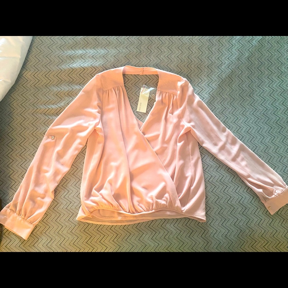 Sheer pale pink blouse with low cut back. New with tags. Extra button